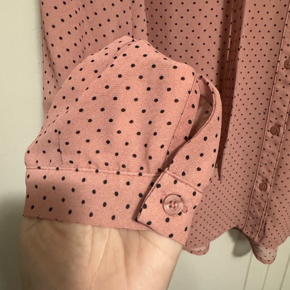 2X Pink and Black Polka Dot Tie Neck Long Sleeve Blouse - Picture 3 of 7